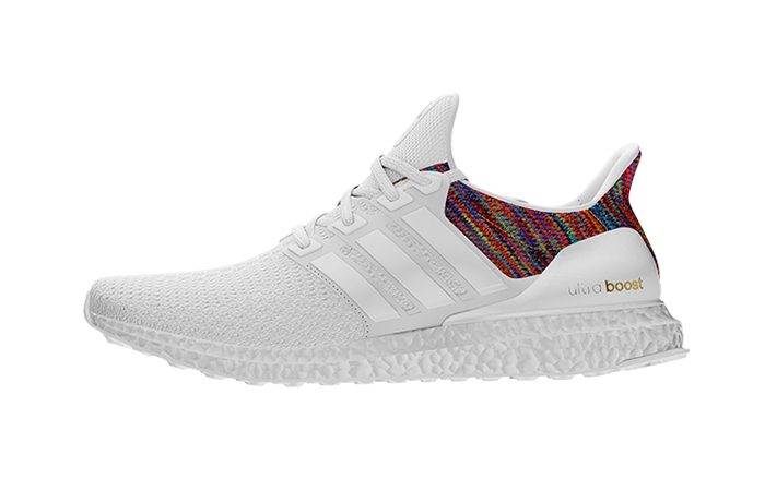 white ultra boost with rainbow heel