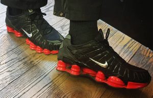 Skepta Nike Shox TL Black Red on foot 01