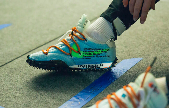 off white waffle racer on foot