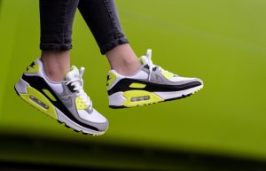 Nike Womens Air Max 90 Yellow Grey CD0881-103 on foot 01