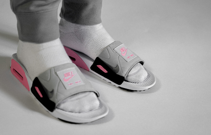 Nike Air Max 90 Slide Grey Pink BQ4635-100 on foot 02