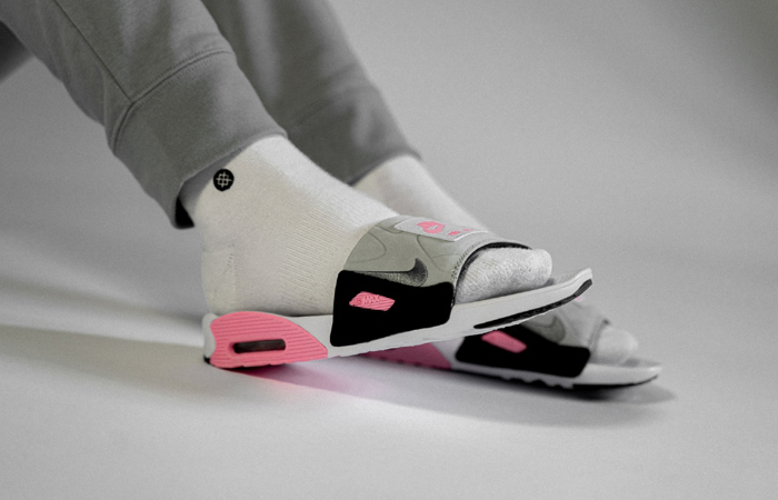 Nike Air Max 90 Slide Grey Pink BQ4635-100 on foot 03