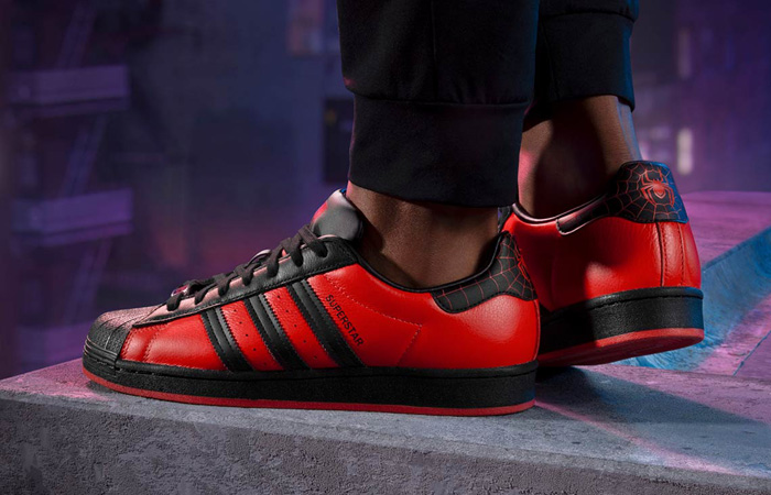 Spider Man Miles Morales adidas Superstar Black Red GV7128 on foot 01
