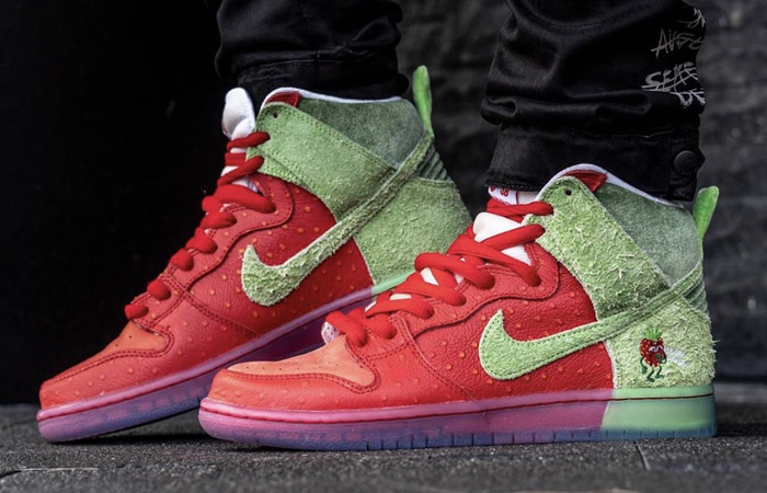 Todd Bratrud Nike SB Dunk High Strawberry Cough Red CW7093-600 on foot 01