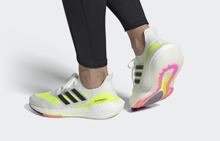 adidas Ultra Boost 21 Cloud White Solar Yellow Womens FY0401 on foot 01