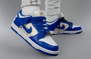 Supreme Nike Dunk Low Stars Hyper Blue White DH3228-100 on foot 01