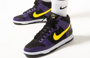 Nike Dunk High EMB Lakers Purple Yellow DH0642-001 on foot 01