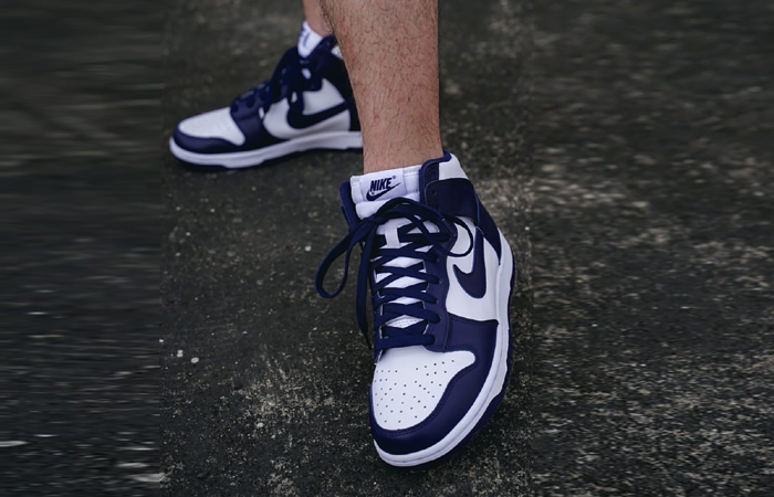 Nike Dunk High Midnight White Navy Release DD1399-104 on foot 02