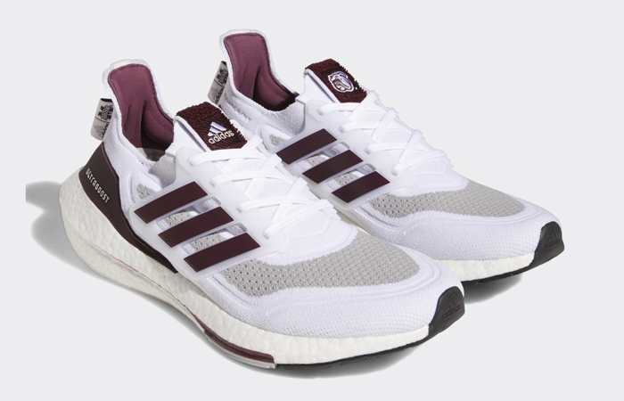 adidas Ultraboost 21 Cloud White Maroon GY0430 front corner
