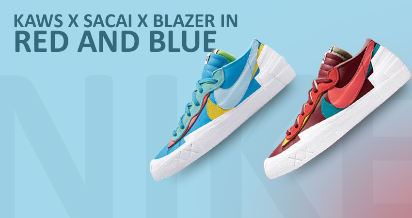 KAWS x sacai x Nike Blazer in Red and Blue Release Date fetured image