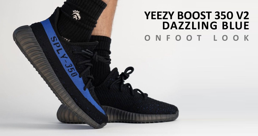 Yeezy 350 Dazzling Blue On Foot feathred image