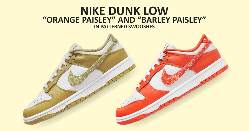 Nike Dunk Low “Orange Paisley” and “Barley Paisley” in Patterned Swooshes