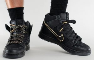 FAUST x Nike SB Dunk High Black Gold DH7755-001 onfoot 01