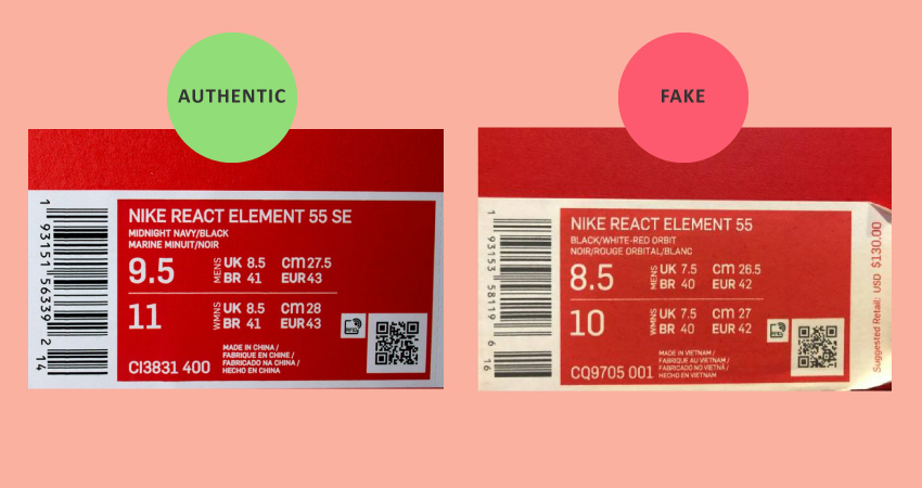 Nike React Element 55 Real vs Fake box