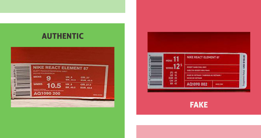 Nike React Element 87 real vs fake box