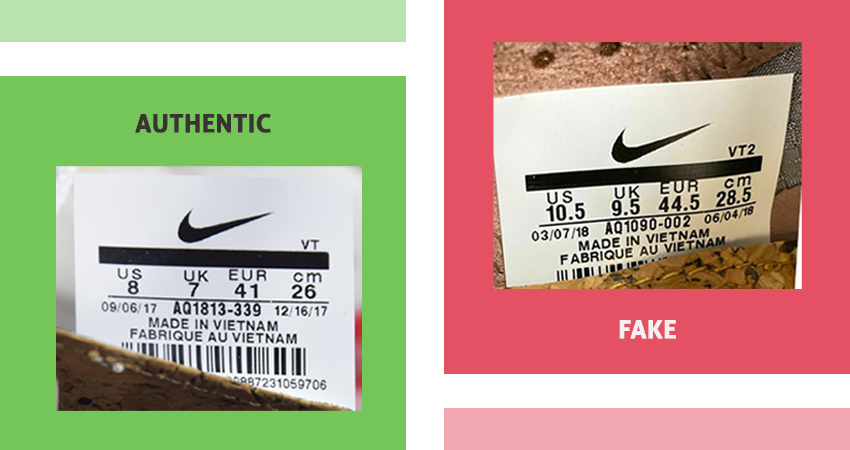 Nike React Element 87 real vs Fake size tag