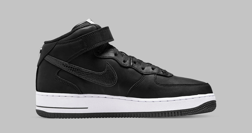Stealthy Stussy x Nike Air Force 1 Mid Black Releasing With Snakeskin Swooshes 01