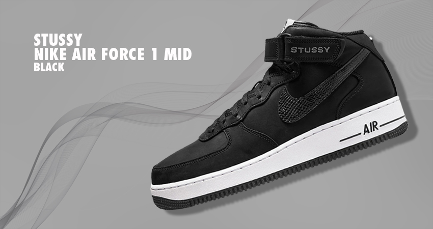 Stealthy Stussy x Nike Air Force 1 Mid Black Releasing With Snakeskin Swooshes featured image