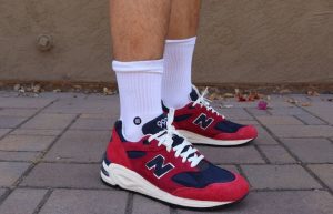 New Balance M990v2 Made in USA Chrysanthemum Red M990AD2 onfoot 03