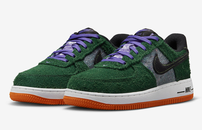 Nike Air Force 1 Low Green Shaggy Suede DZ5289-300 front corner
