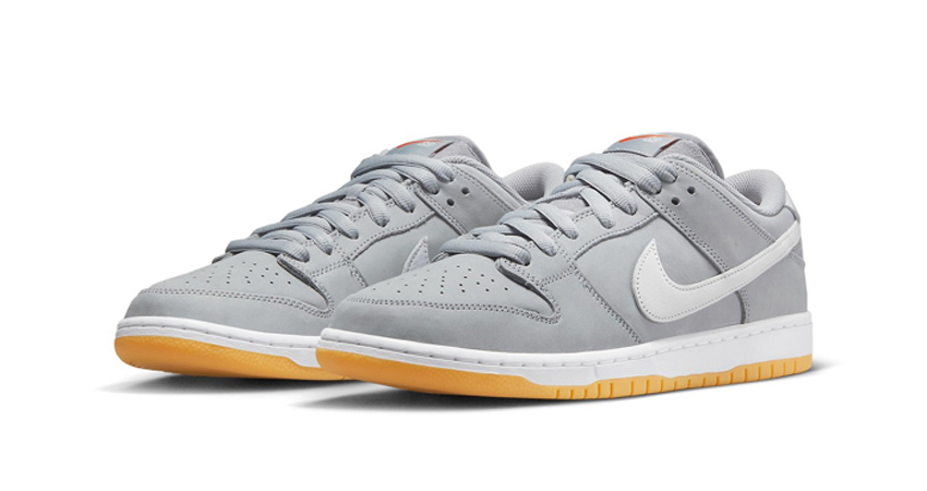 A closer look at the Nike SB Orange Label "Grey Gum" SB Dunk Low front corner