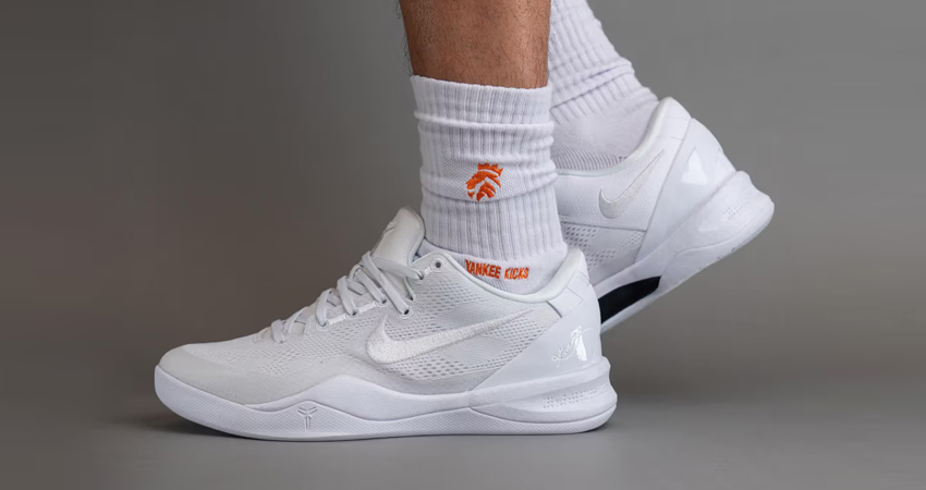 On Foot Images Of The Nike Kobe 8 Proto ‘ Triple White onfoot left back