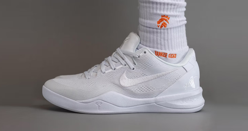 On Foot Images Of The Nike Kobe 8 Proto ‘ Triple White onfoot left