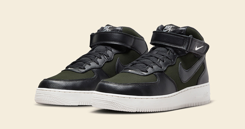The Nike Air Force 1 Mid Adorns Olive Treated Canvas front corner