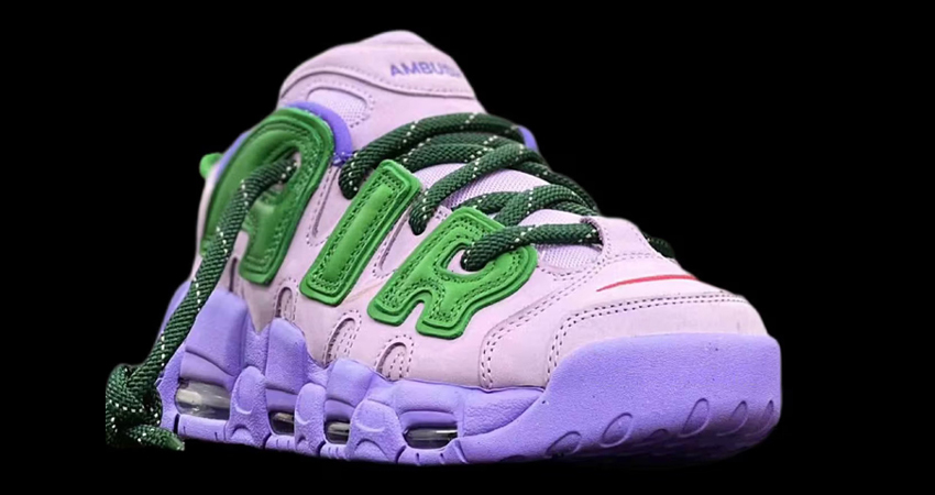 Get The First Glimpse Of The Lavender AMBUSH x Nike Air More Untempo Low lifestyle front corner