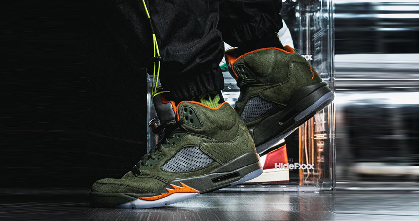 First Look Of The Nike Air Jordan 5 Olive onfoot left