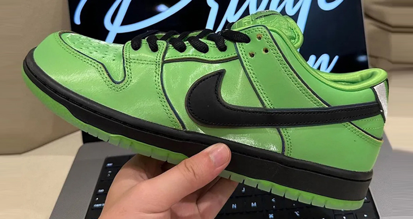 A Closer Look At The Powerpuff Girls x Nike SB Dunk Low ‘Buttercup lifestyle left