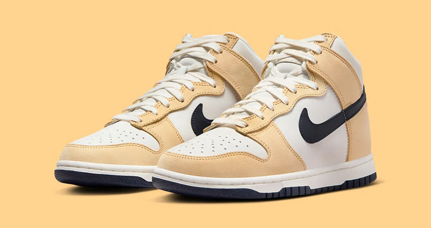 A Detailed Look At The Womens Exclusive Nike Dunk High ‘Gold Suede front corner