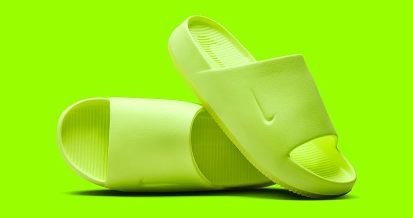 A Detailed Look At The Nike Calm Slide ‘Volt lifestyle front corner