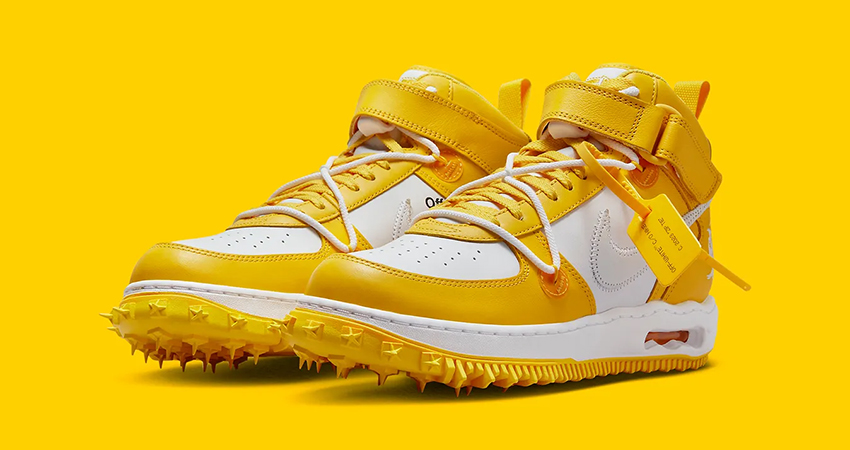 The Off White x Nike Air Force 1 Mid Varsity Maize Is An Exclusive November Release front corner