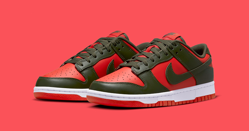 The Nike Dunk Low ‘Cargo Khaki Mystic Red Makes A Bold Statement front corner