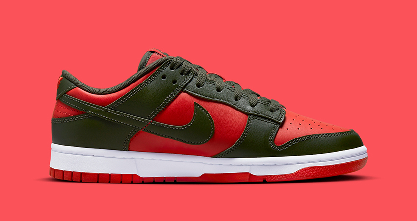 The Nike Dunk Low ‘Cargo Khaki Mystic Red Makes A Bold Statement right
