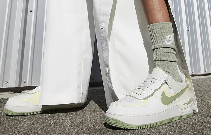 Nike Air Force 1 Shadow Pale Ivory Oil Green FN6335 101 onfoot front corner